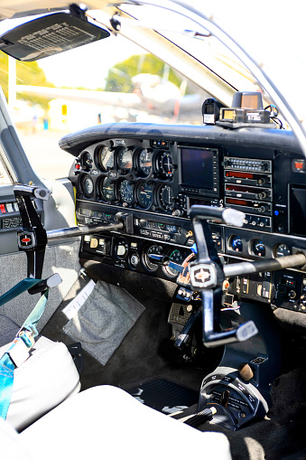 Fort Myers, FL, USA - November 7th, 2015: Inside the Cockpit of a 1973 Piper PA-32 single engined small plane seen at the Fort Myers FL airport open day