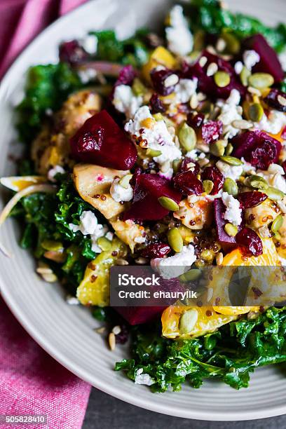 Healthy Salad With Grilled Chickenkalebeets And Goat Cheese Stock Photo - Download Image Now