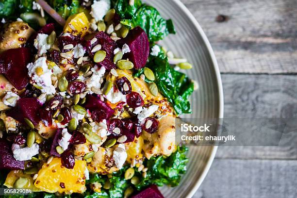 Healthy Salad With Grilled Chickenkalebeets And Goat Cheese Stock Photo - Download Image Now