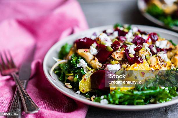 Healthy Salad With Grilled Chickenkalebeets And Goat Cheese Stock Photo - Download Image Now