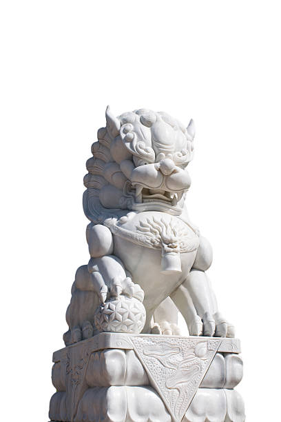 istock White stone lion statue isolated on white background 505839502