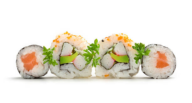 maki sushi - seafood prepared shrimp prawn avocado stock-fotos und bilder