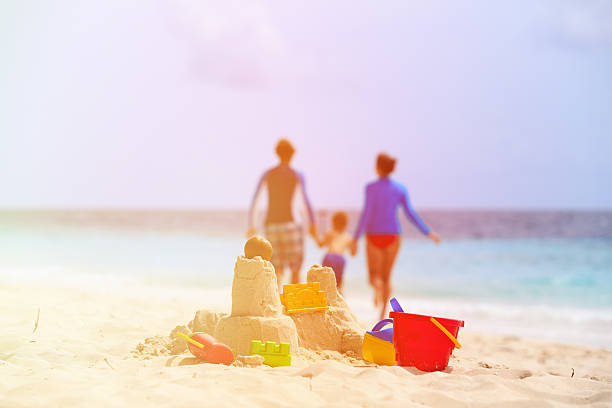istock sand castle on tropical beach, family vacation 505841080