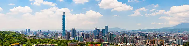 View of the Taipei Skyline with Taipei 101 under the clear blue sky