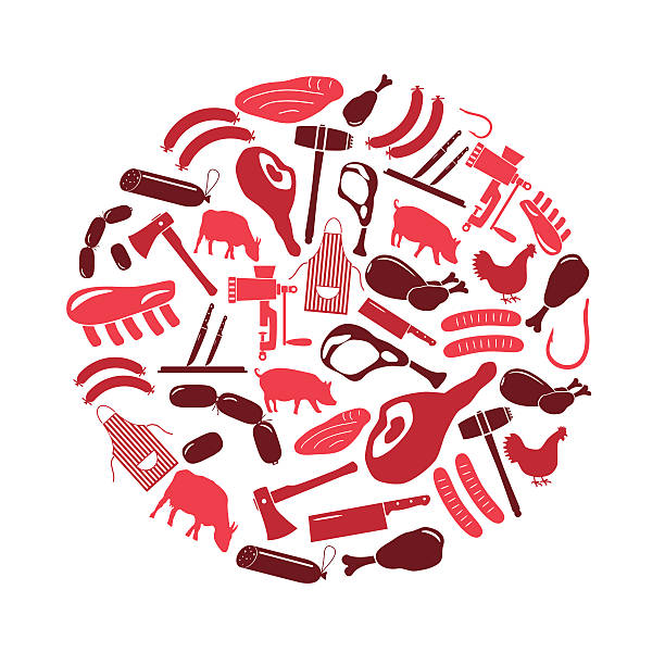 illustrations, cliparts, dessins animés et icônes de la viande de boucherie et shopping icônes en cercle eps10 - butcher butchers shop slaughterhouse hook