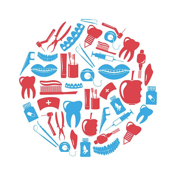 Vector illustration of set of dental theme red and blue icons in circle