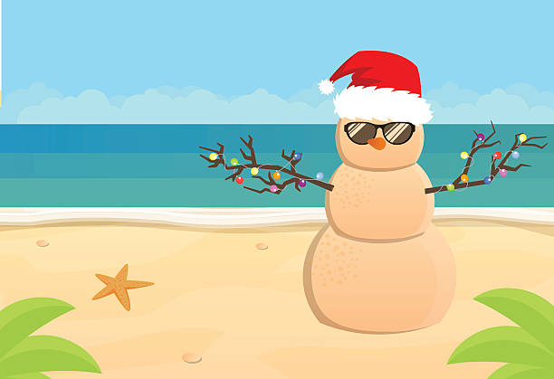 schneemann in santa claus auf einem sandstrand der tropischen strand - sand beach summer backgrounds stock-grafiken, -clipart, -cartoons und -symbole