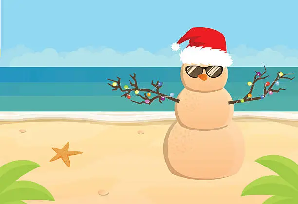 Vector illustration of Snowman Santa Claus on a sandy tropical beach