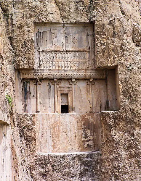 The tomb of Xerxes I, in the necropolis of Naqsh-e Rustam near the ancient ruined city of Persepolis, Iran.