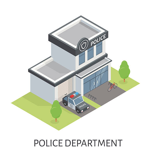 ilustrações de stock, clip art, desenhos animados e ícones de minibarra de ferramentas departamento de polícia edifício. carro de patrulha - emergency services car urgency isometric