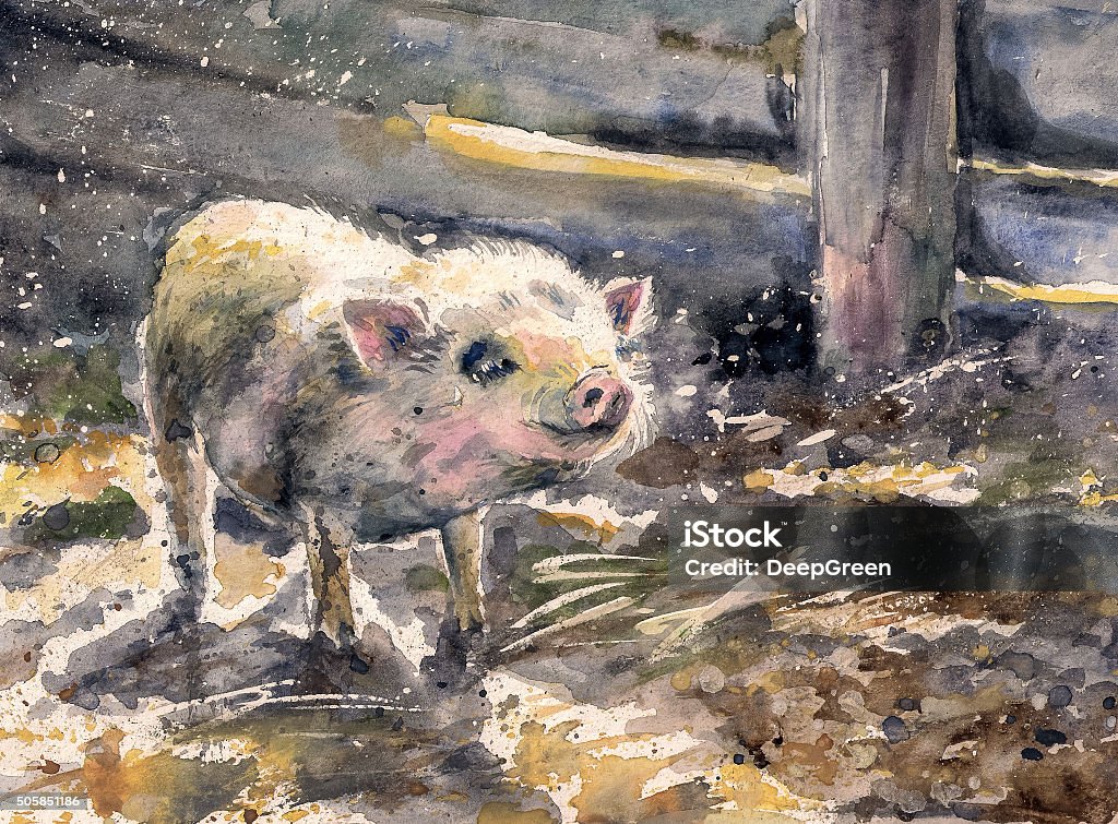 Small pig Watercolors painted illustration of cute small pig in farm. Cute stock illustration