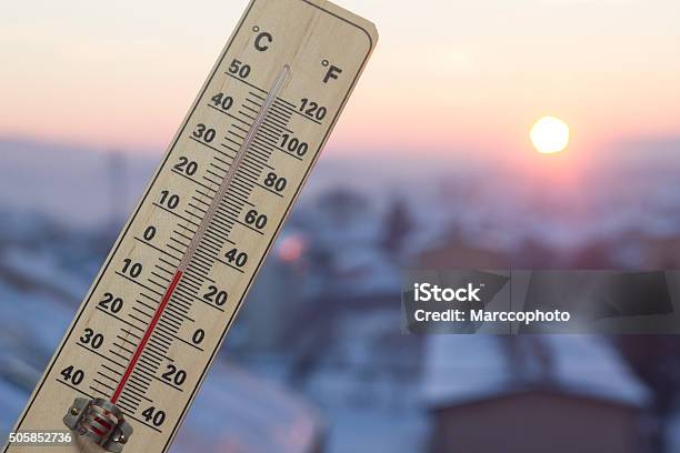 Below Zero Degree Celsius Temperature In Sunset Above Town Stock Photo - Download Image Now