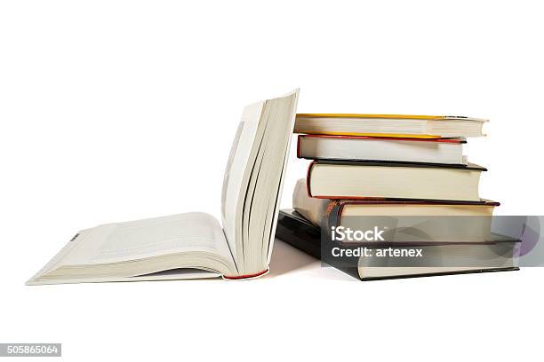 High Books Stack Open Book Isolated White Background Colorful Covers Stock Photo - Download Image Now