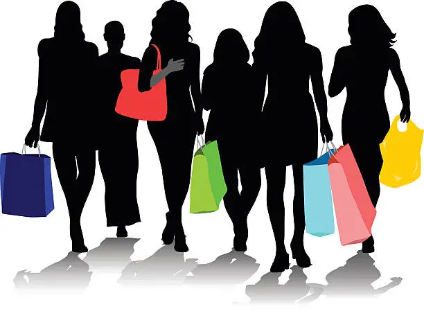 Vector illustration of Pretty Young Women Shopping Together