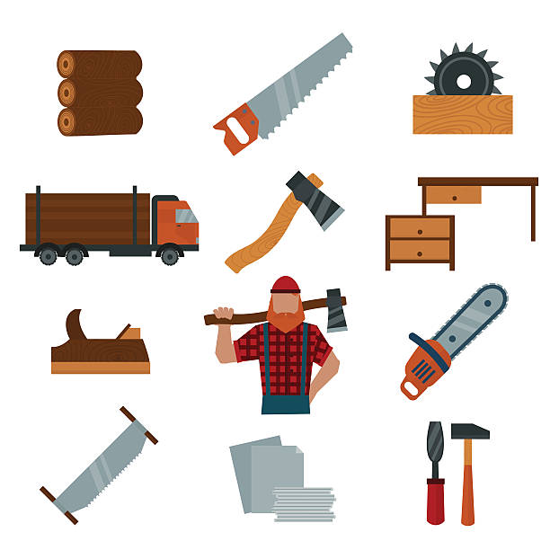 лесоруб cartoon character with лесоруб инструментов иконки векторная иллюстрация - truck lumber industry log wood stock illustrations