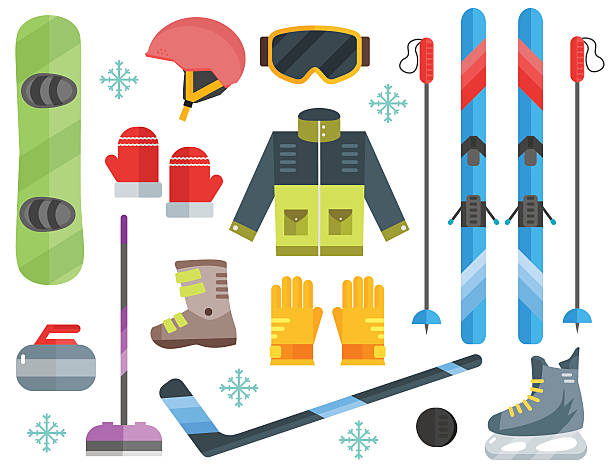 istock Winter sports equipment set: ski, curling, skates,  helmet 505869434