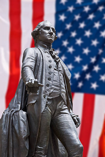 istock Georges Washington statue, american flag background 505870785