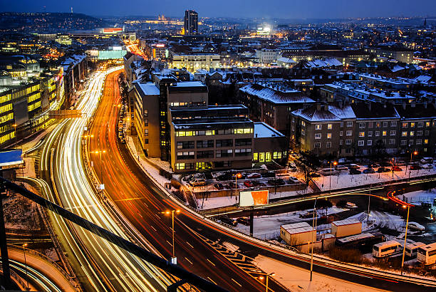istock Night expressway in the city. Prague from birds perspective 505871418
