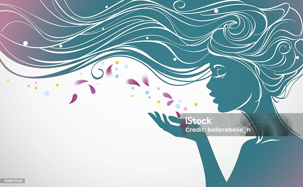 Girl with flower petals Vector illustration with beautiful  long hair girl blows away flower petals from her palm Women stock vector