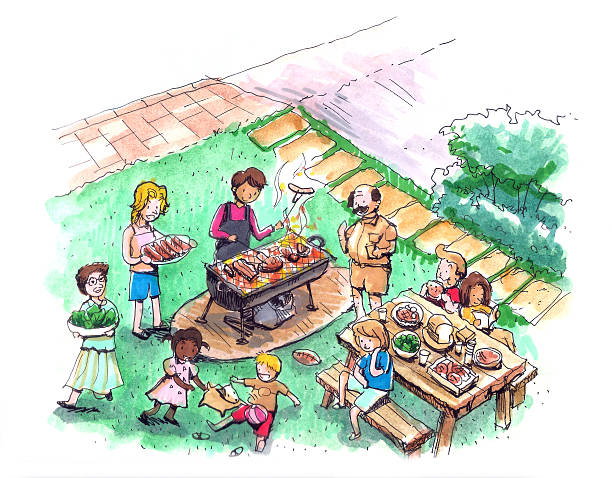 grill party w stoczni ilustracja - family 4th of july stock illustrations