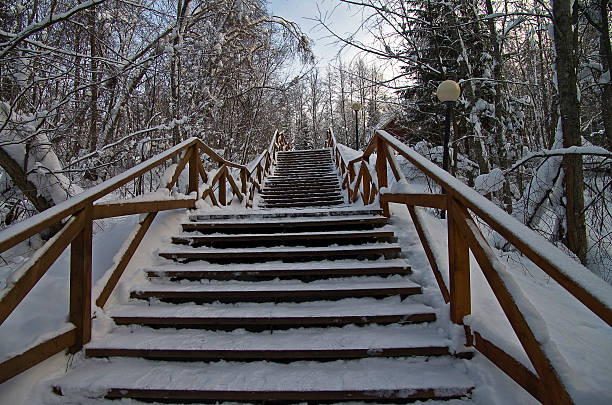 Staircase in the winter park on a clear sunny day.
