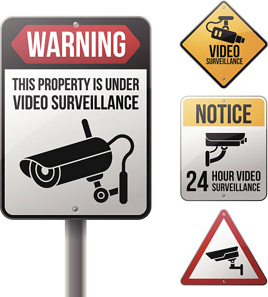 Video Surveillance Signs Video surveillance CCTV warning signs. EPS 10 file. Transparency effects used on highlight elements. surveillance camera sign stock illustrations