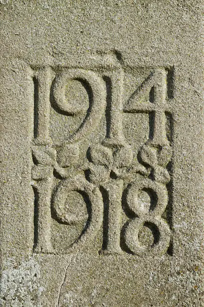 Detail of a UK war memorial with dates of WWI 1914 1918.