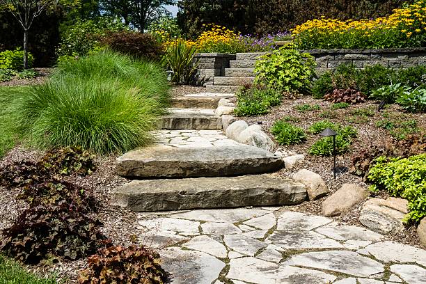Professional Landscaping With Pavers and Boulders A professional landscaping job with stone path and stone steps. hardscape photos stock pictures, royalty-free photos & images