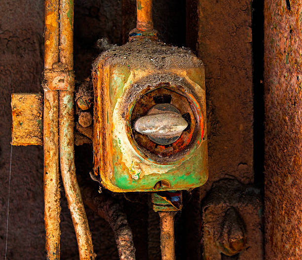 old electric switch on rusty hierro una pared - remote control close up selector gray fotografías e imágenes de stock