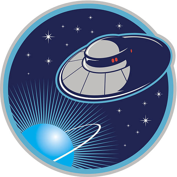 UFO in Space Illustration of a UFO flying through space. All colors are separated in layers. Easy to edit. Black and white version (EPS10,JPEG) included. astrophysics stock illustrations