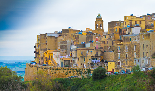 Panoramic view of the hill town of Butera, Sicily, in Caltanissetta Province. Copy space available in the sky.