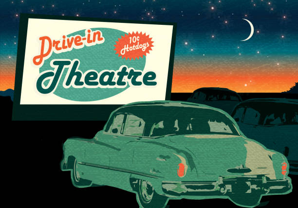 illustrations, cliparts, dessins animés et icônes de classic drive-in theatre avec des voitures et signer au crépuscule - drive in restaurant