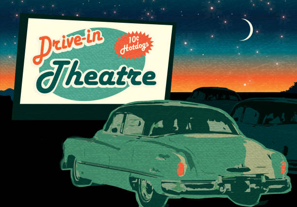 illustrazioni stock, clip art, cartoni animati e icone di tendenza di classic drive-in theatre con automobili e accedere al crepuscolo - drive in