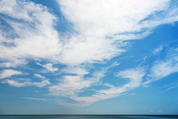 istock Natural blue cloudy sky background with horizon over sea water 505890887