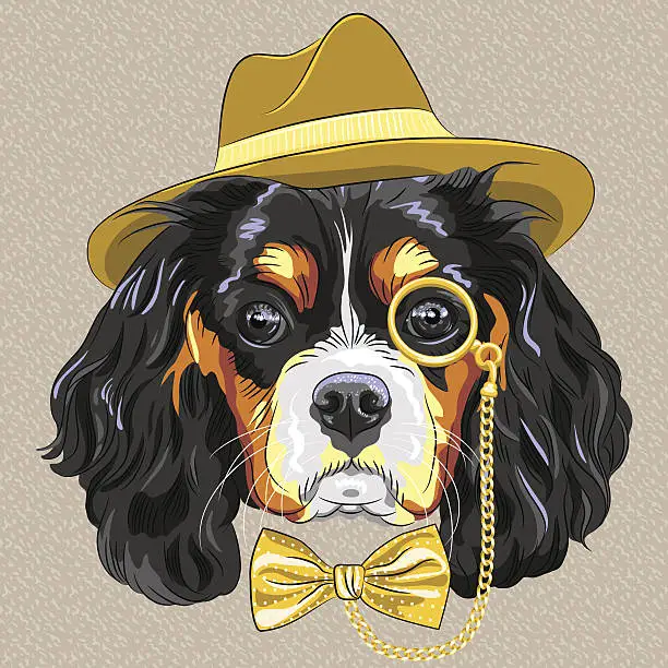 Vector illustration of vector funny cartoon hipster dog King Charles Spaniel