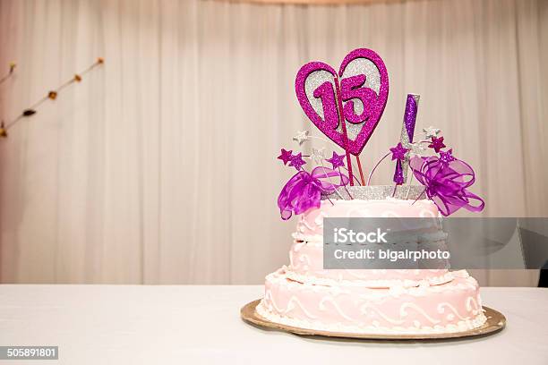 Fifteen Years Birthday Party Cake Pink And White Stock Photo - Download Image Now - 14-15 Years, Number 15, Celebration