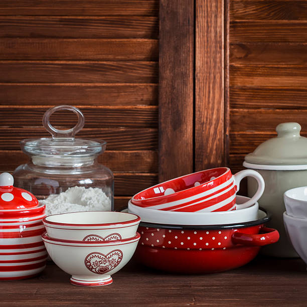 istock Kitchen still life. Vintage crockery - jars, ceramic bowls 505892976
