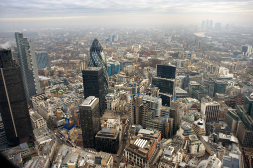 Aerial view of London's financial district in England, UK.