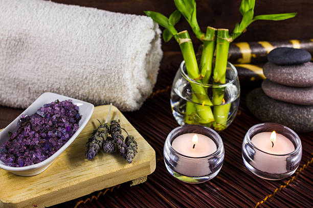 istock Spa bamboo, soap, two candles, lavender salts 505893466