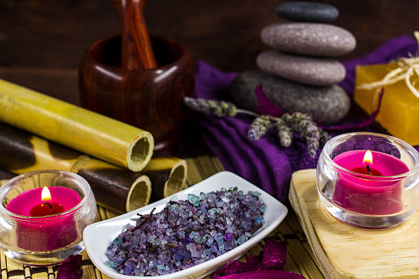 istock Spa bamboo lavender salts, massage stone and two candles 505893616