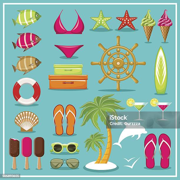 Ilustración de Playa De Verano y más Vectores Libres de Derechos de Boya - Boya, Cóctel - Bebida alcohólica, Delfín