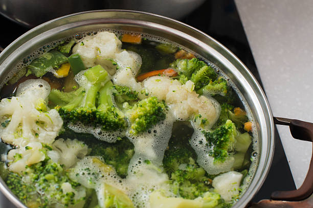 green broccoli is in the pan in boiling water