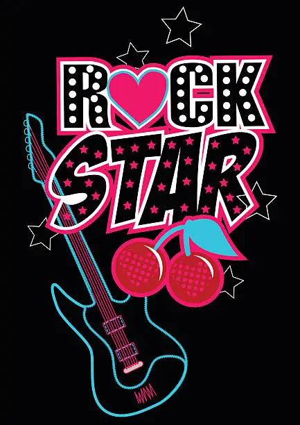 Vector illustration of Rock star poster with guitar and abstract cherries