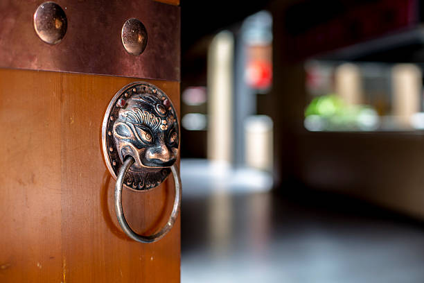 alte lion schläger auf hölzerne tür - door knocker door lion luxury stock-fotos und bilder