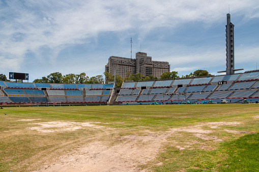Montevideo, Uruguay - December 15, 2012: Trampled grass of the football field at the Centenario Football Stadium, Montevideo, Uruguay.