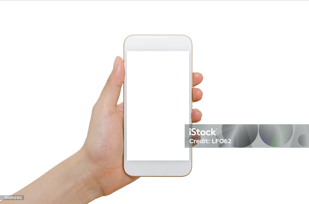 Smartphone with blank screen Young woman holding a smartphone with blank screen. Isolated on white. Cut Out Stock Photo