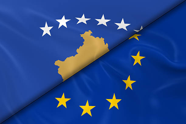 Flags of Kosovo and the European Union Divided Diagonally stock photo