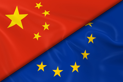 Flags of China and the European Union Divided Diagonally - 3D Render of the Chinese Flag and EU Flag with Silky Texture