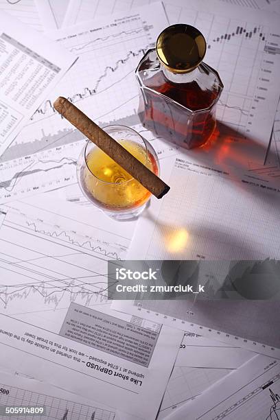 Brandy And Cigar On Charts Stock Photo - Download Image Now - Alcohol - Drink, Amber, Analyzing