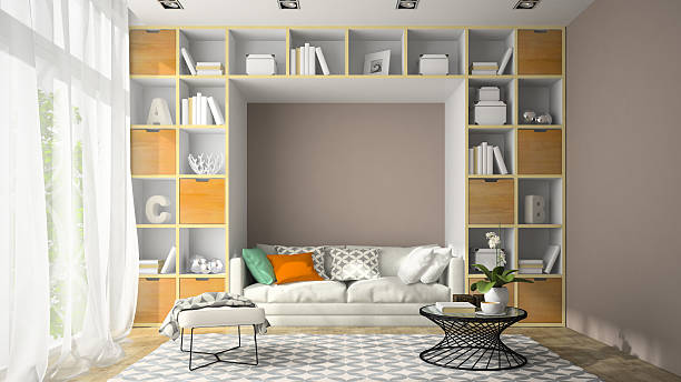 istock Interior of modern design room with shelf wall 3D rendering 505914932